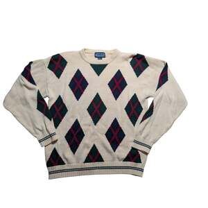 Bowen & Wright Men's Sweater Size XL Cream Argyle Cotton Blend Crewneck Knit